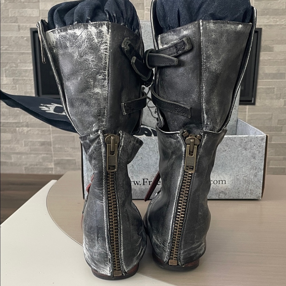 Freebird by Steven Distressed Black Leather Combat Boots with Brown Accents - Picture 9 of 14